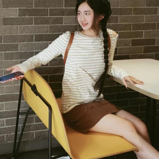 顺丰包邮42212洛诗琳米卡其拼条破洞露肩棉质长袖T恤295244 商品图2