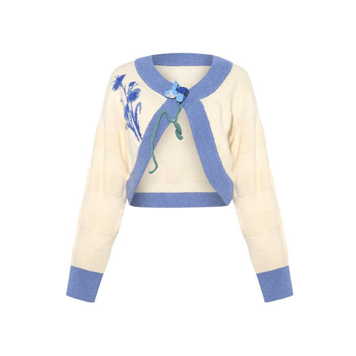 两三事 春庭听雨 2025春季新款复古立体花朵短款花色毛衣开衫女 商品图4