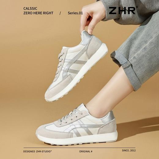ZHR银色真皮德训鞋女2025春季新款时尚百搭休闲鞋透气软底休闲鞋 商品图0