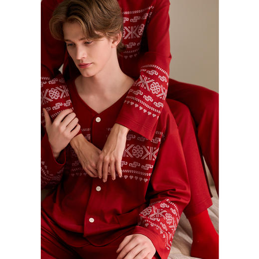 春秋季长袖纯棉红色蛇年男女款家居服套装 A-4151  芬腾 商品图3