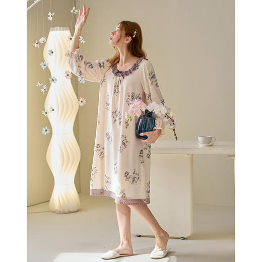 芬腾睡裙女春秋季新款纯棉长袖睡衣裙女款宽松休闲大码家居服中裙 商品图1