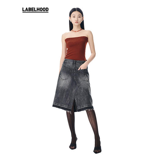 【对倒×LABELHOOD】联名款简约A字裙黑色牛仔半裙 商品图3