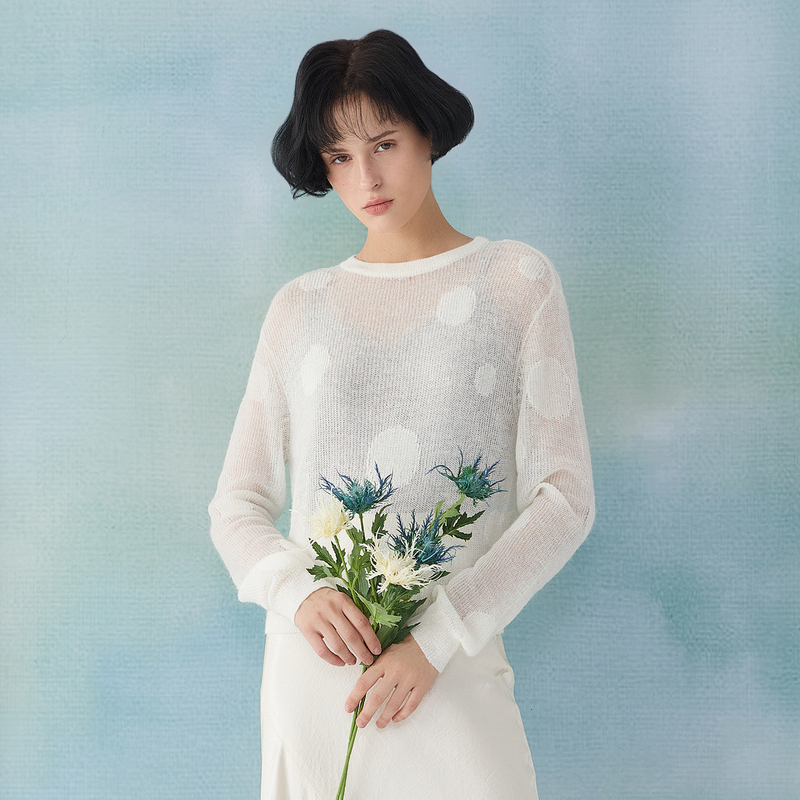 谜底套头针织衫长袖女2025春新品圆领提花微透上衣短款251MZ0396