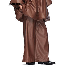 【RUOHAN】蕾虎设计感时尚休闲简约仿皮质抽绳直筒阔腿裤