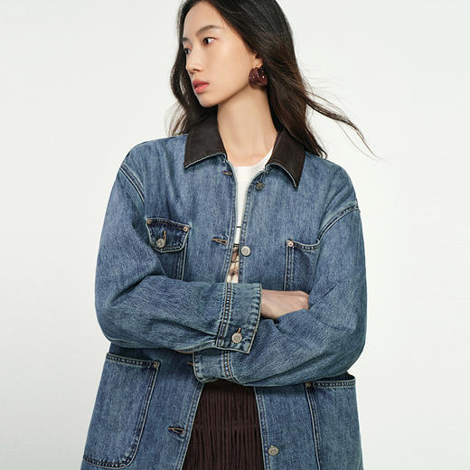 NEELLY纳俪商场同款春季新款牛仔宽松短外套女翻领撞色气质上衣N25012C01053 商品图2