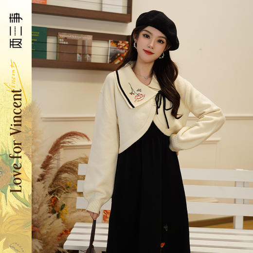 两三事梵高文艺 花影如诗 2025春季新款绣花装饰毛织两件套女套装 商品图0