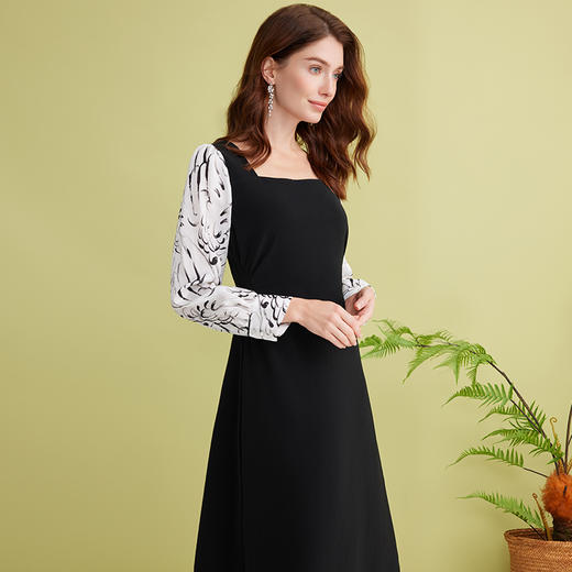 EITIE爱特爱印花拼接复古方领气质收腰显瘦a字连衣裙春季新款A2507507 商品图2