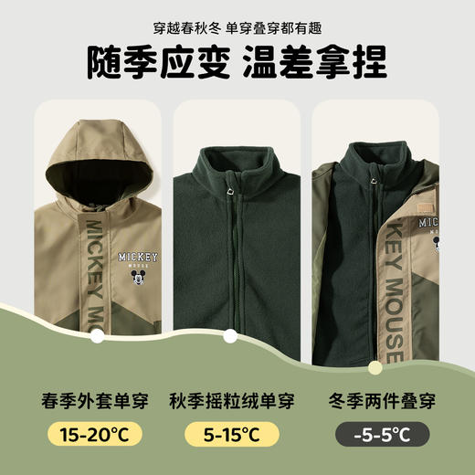 迪士尼【一衣三穿】秋冬新款男童户外防风外套保暖摇粒绒内搭软壳两件套ZD3DS052 商品图8