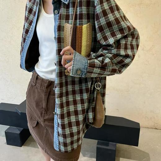 顺丰包邮42644洛诗琳美式复古手钩花格纹拼接牛仔廓形羊毛衬衫539 商品图2