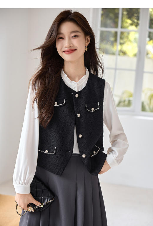 【年货节】熙世界小香风无袖马甲外套短款气质粗花呢马夹背心2025春装新款 商品图6