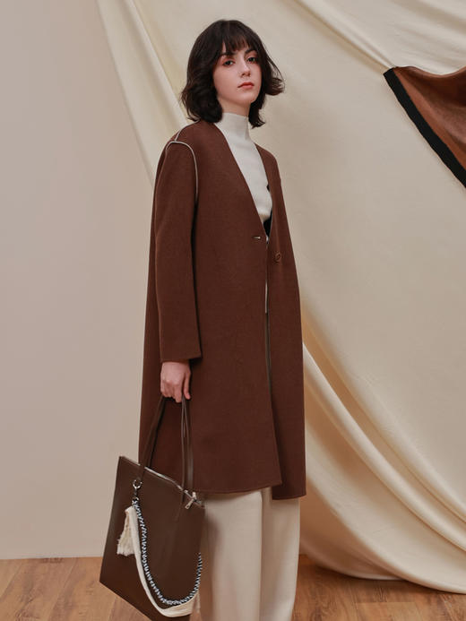 callisto咖色纯绵羊毛长款女装大衣 商品图1