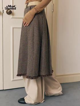 mostwantedlab彩虹/M2434179/撞色腰头千鸟格百褶半身裙