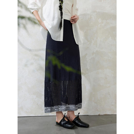 三彩【织影流光】2025春季新款新中式高腰半身裙镂空针织长裙C 商品图3