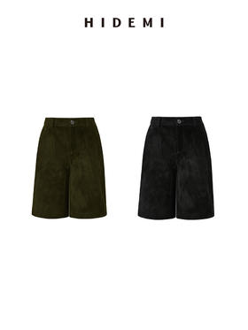 HIDEMI进口麂皮小男孩西裤中短裤极简绒面裤裙五分裤 黑色/墨绿色