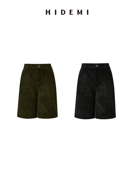 HIDEMI进口麂皮小男孩西裤中短裤极简绒面裤裙五分裤 黑色/墨绿色 商品图0