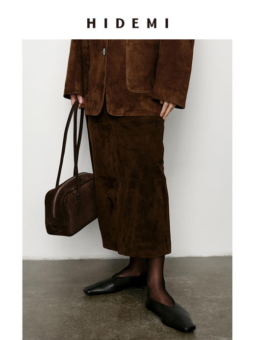 HIDEMI进口麂皮H型立体剪裁显瘦半身裙低腰皮裙绒面开衩复古长裙 商品图1