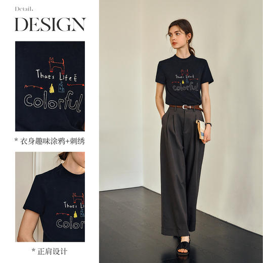 OLrain欧芮儿黑色短袖T恤女夏季2025年新款通勤趣味涂鸦刺绣上衣 商品图1