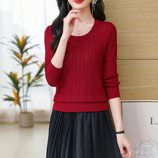 CC-103-A18106春秋装2025新款女士洋气镂空钩花针织衫打底圆领薄款长袖宽松上衣 商品图0