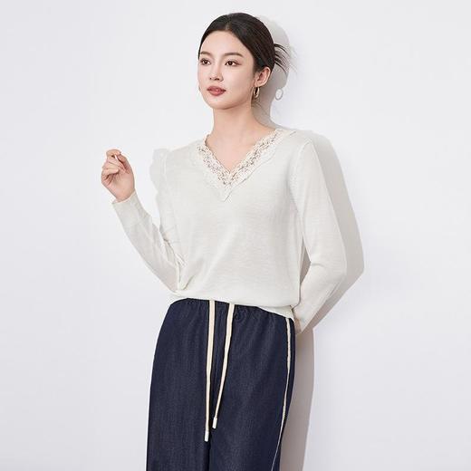 【高货wl】全新升级【铂金会员165/天猫219/差价54】(11430) 洛诗琳春秋法式高级感蕾丝花边拼接V领软糯羊毛针织上衣 商品图0
