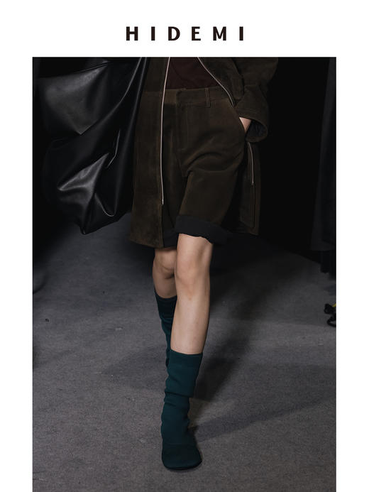 HIDEMI进口麂皮小男孩西裤中短裤极简绒面裤裙五分裤 黑色/墨绿色 商品图5