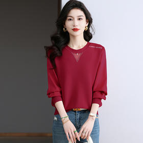 CC-BSM-730小个子针织拼接女士长袖2025春秋季新款雪纺宽松洋气打底网纱上衣