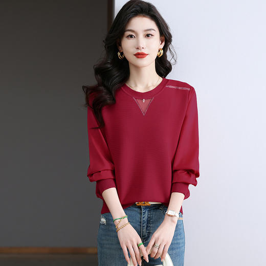 CC-BSM-730小个子针织拼接女士长袖2025春秋季新款雪纺宽松洋气打底网纱上衣 商品图0