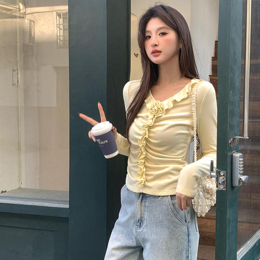 【春日明媚】玫瑰花拼接荷叶边收腰V领针织衫女上衣V0450191 商品图0