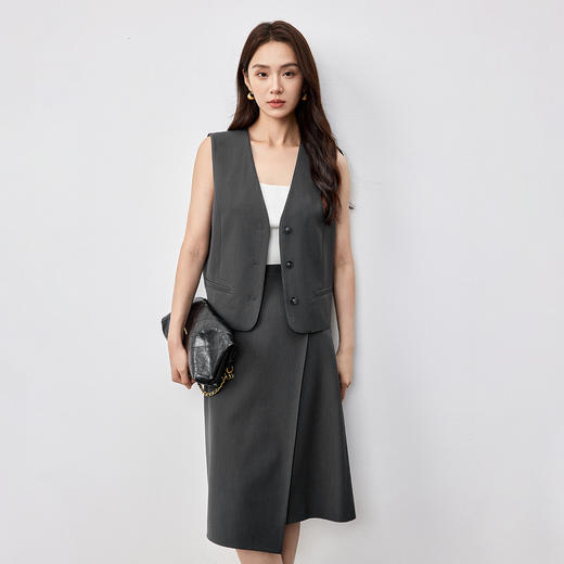 【内购】都市通勤V领解构分割马甲外套&不规则斜搭片主直筒裙两件套-151Z57882 商品图1