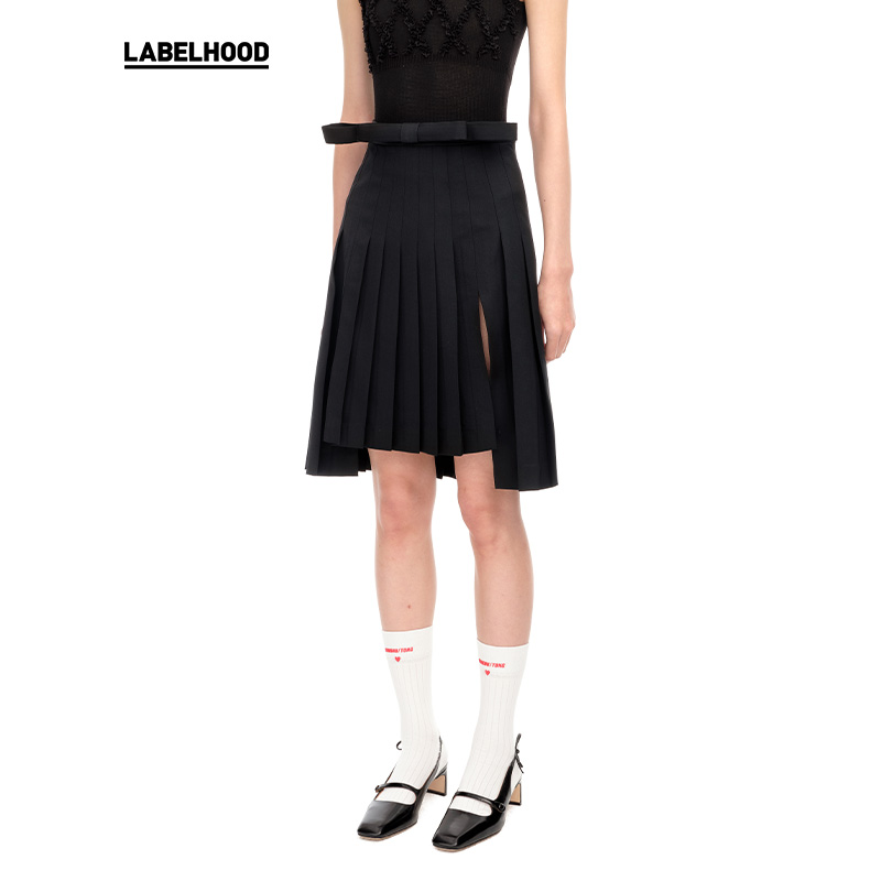 【SHUSHUTONG】蕾虎立体蝴蝶结高腰法式百褶开衩A字半裙