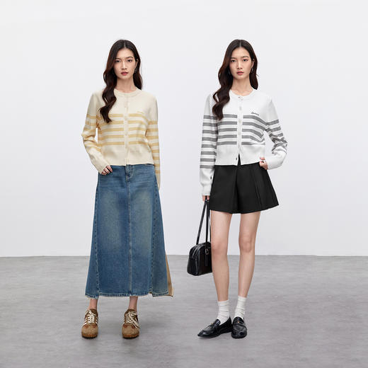 【内购】知识分子风艺术立体刺绣撞色条纹弹力包芯纱芝麻底毛织开衫-W51H58879 商品图3