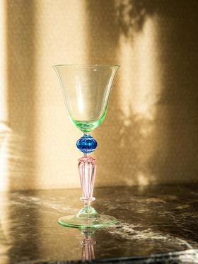 独角鹿西洋古董 20世纪意大利威尼斯穆拉诺水晶工坊出品螺旋纹蓝色及粉色杯柄修饰绿色杯身玻璃高脚杯