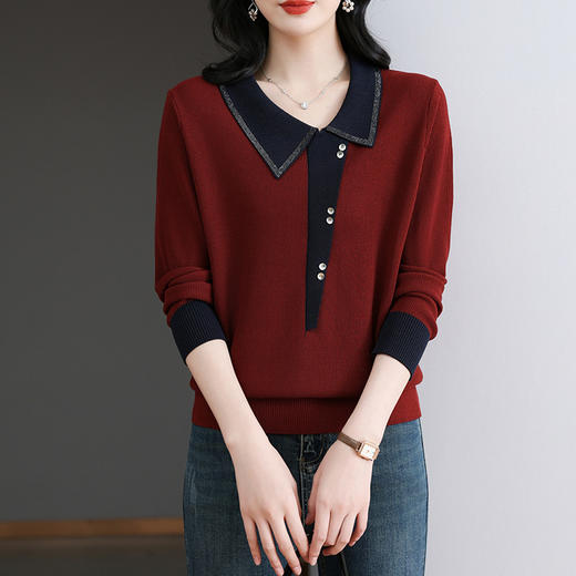 CC-BSM-715春秋装新款女士娃娃翻领打底衫宽松拼色针织上衣t恤 商品图1