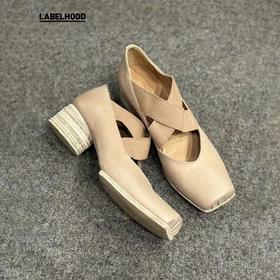 【UMA WANG】蕾虎手工方头交叉绑带芭蕾舞鞋平底高跟鞋经典款单鞋