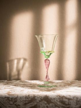 独角鹿西洋古董 20世纪意大利威尼斯穆拉诺水晶工坊出品螺旋纹粉色杯柄修饰翠绿色杯身玻璃高脚杯