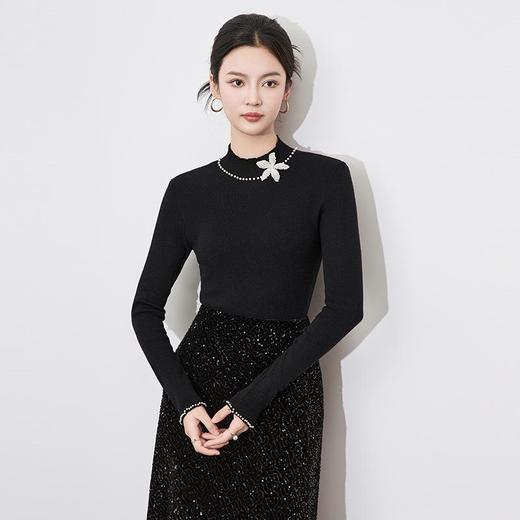 【高货wl】全新升级【铂金会员183/天猫249/差价66】(10814) 洛诗琳时尚雅致钉珠半高领打底衫上衣立体花朵修身针织衫 商品图2