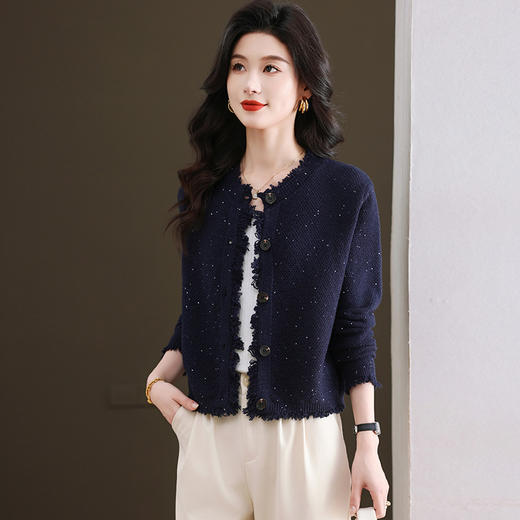 CC-103-66303春秋季小个子圆领外套女士2025新款洋气流苏针织亮片短款毛衣开衫 商品图0
