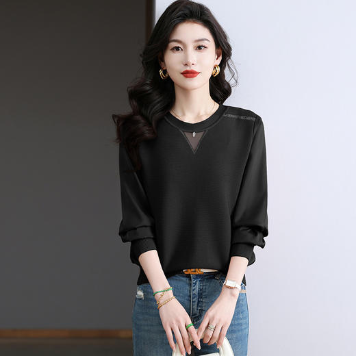 CC-BSM-730小个子针织拼接女士长袖2025春秋季新款雪纺宽松洋气打底网纱上衣 商品图2