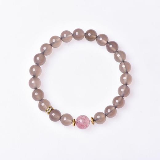 珩钻 天然玛瑙粉灰花语手串8mm  小众烟灰色轻奢精致草莓晶转运珠手链弹力绳带证书 商品图6