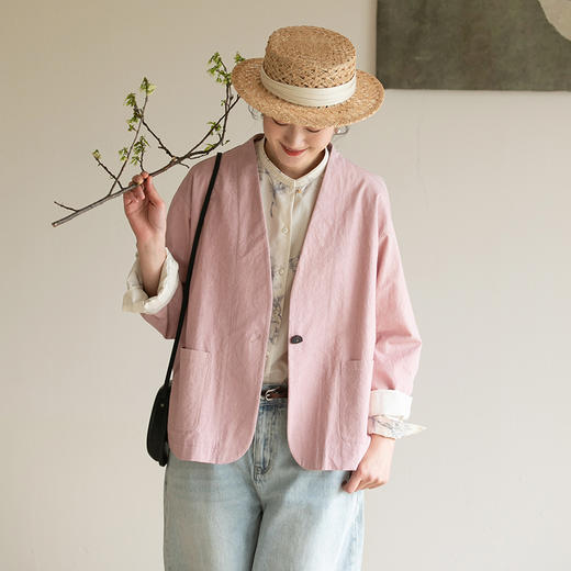 牧衣游原创 棉质净色短外套新款宽松粉色通勤百搭开衫薄款 江南雨 商品图0