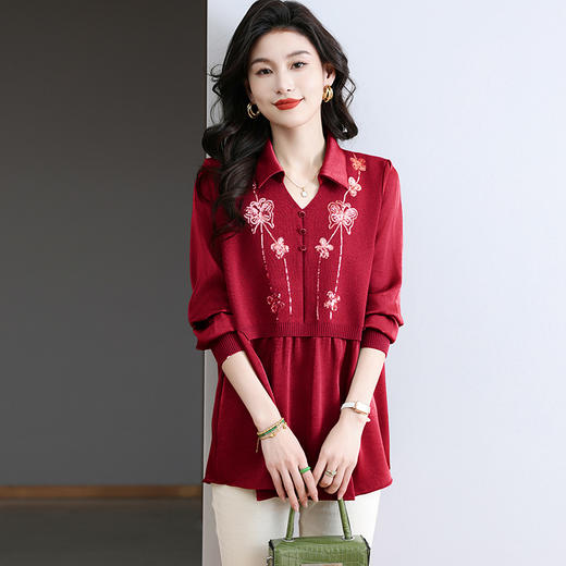 CC-BSM-725polo领假两件衬衫女士宽松针织上衣2025春秋季新款雪纺拼接衬衣 商品图0