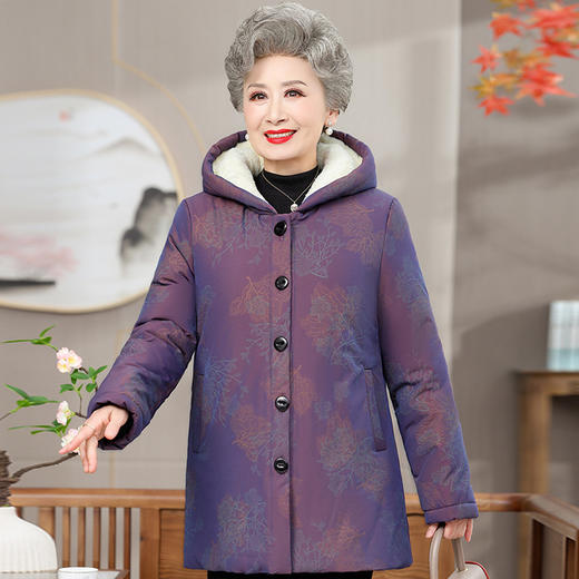 【70岁妈妈羊羔绒棉袄 】老年人冬装连帽棉衣女奶奶加绒加厚大码外套 商品图2