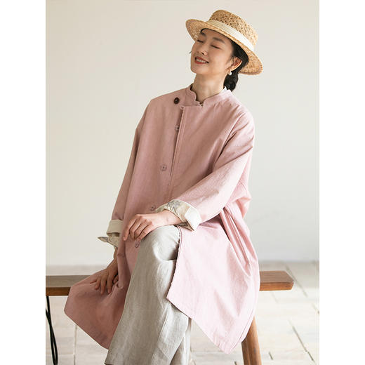 牧衣游原创 棉质净色风衣女新款减龄粉色文艺宽松外套中长款 浅舟 商品图1