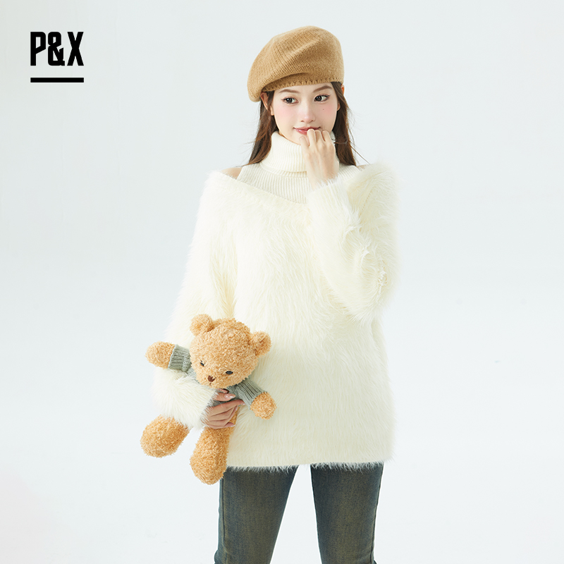 P&X设计师女装气质女神宽松短款毛衣824418170 杏色