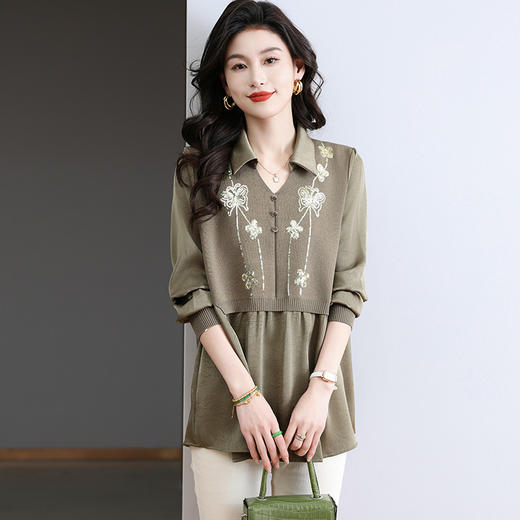 CC-BSM-725polo领假两件衬衫女士宽松针织上衣2025春秋季新款雪纺拼接衬衣 商品图1