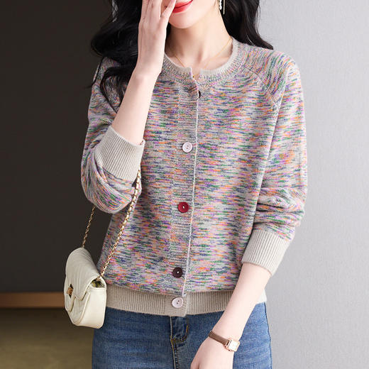 CC-tbrk-6951春秋花纱羊毛针织衫女开衫大码宽松休闲减龄毛衣外套短款外搭 商品图2