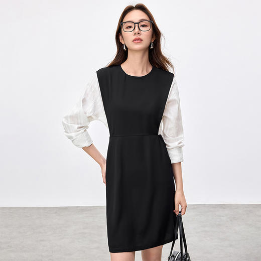 【内购】拼接假两件通勤优雅气质圆领撞色拼接蝙蝠袖A字收腰连衣裙-151L58218 商品图2