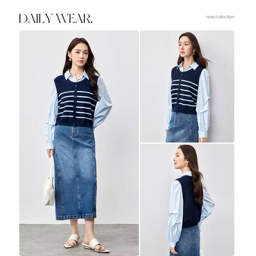 【内购】简约通勤衬衣领撞色条纹褶皱落肩袖宽松显瘦弹力针织衬衫-W51C58818 商品图2