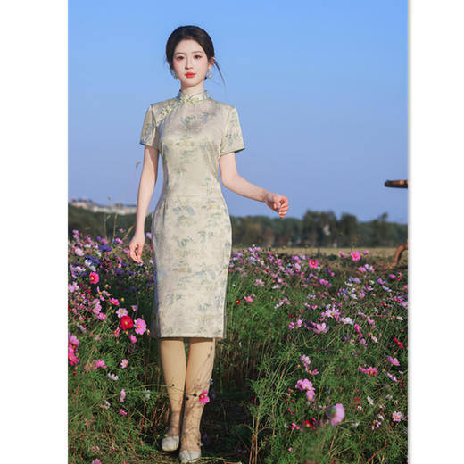 GX老上海复古中式绸缎提花短袖旗袍2025春夏新款民国女士中长款旗袍 商品图2