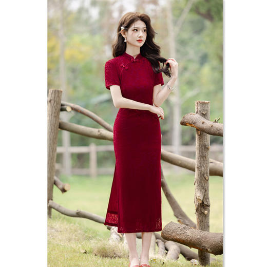 GX植绒双层长款短袖旗袍2025春夏新款复古国风喜妈妈婚宴旗袍连衣裙 商品图0
