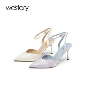 westory夏季新款彩色羊皮优雅尖头细高跟空鞋女55971